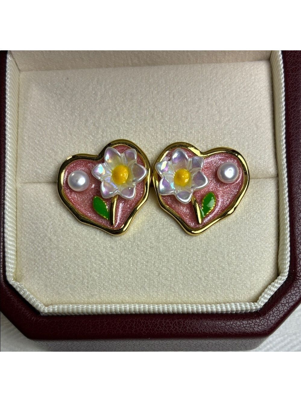 Pink Heart Daisy Pearl Stud Earrings | Sterling Silver Posts | Gift for Her